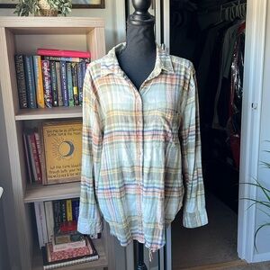 American Eagle distressed flannel button down shirt, size medium